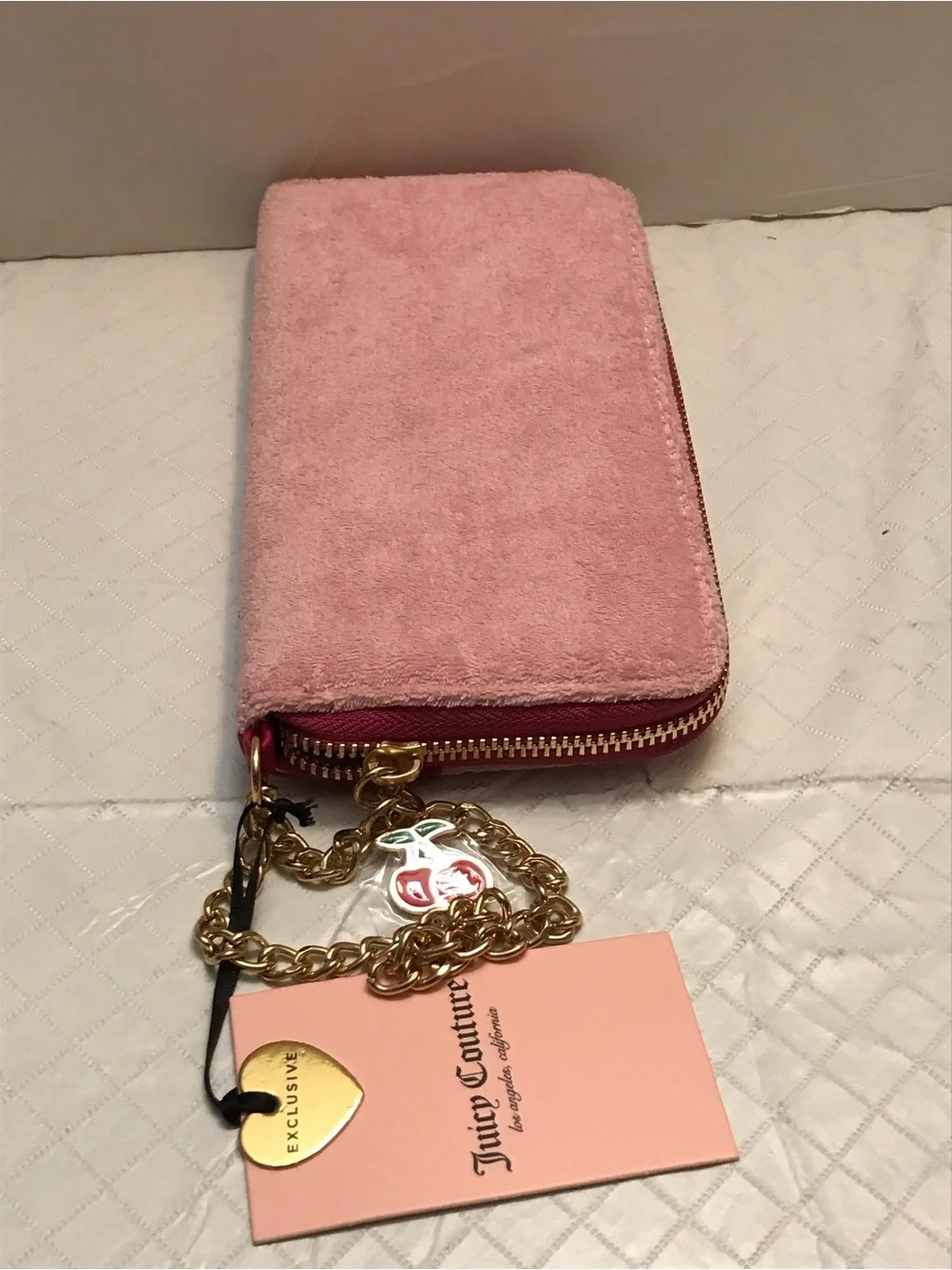 Juicy Couture Pink Velvet Logo Clutch with Magenta Embroidery
